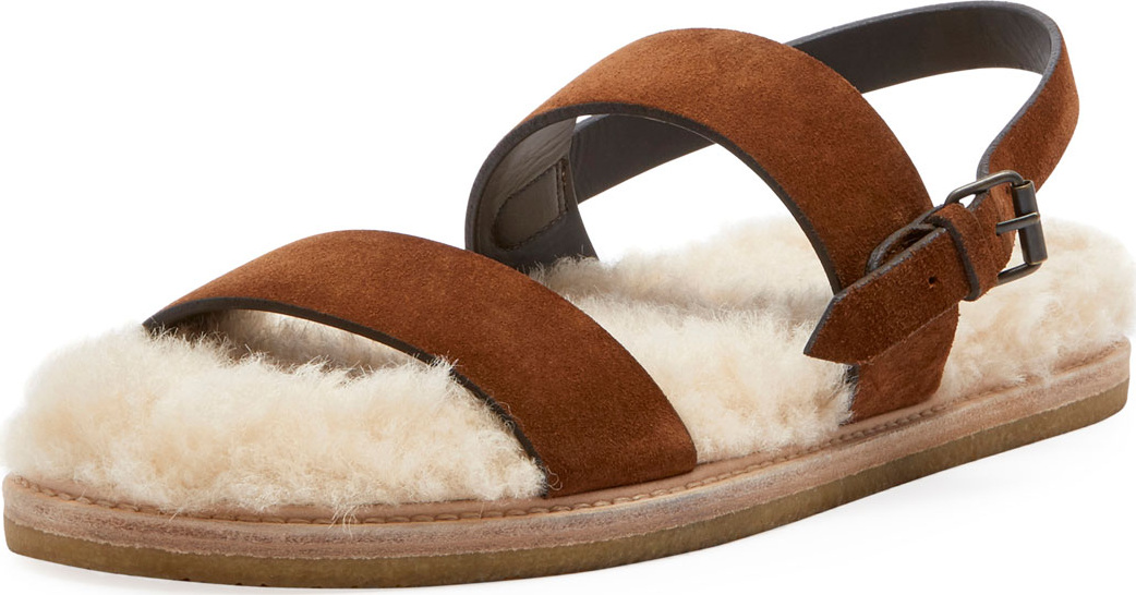 Saint Laurent Joan Noe Flat Suede Sandals with Shearling Footbed