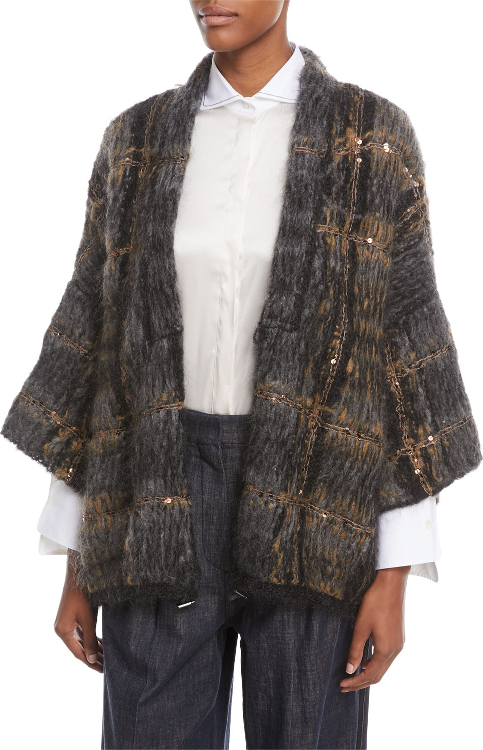 Brunello Cucinelli Mohair-Blend Plaid-Sequin Cardigan