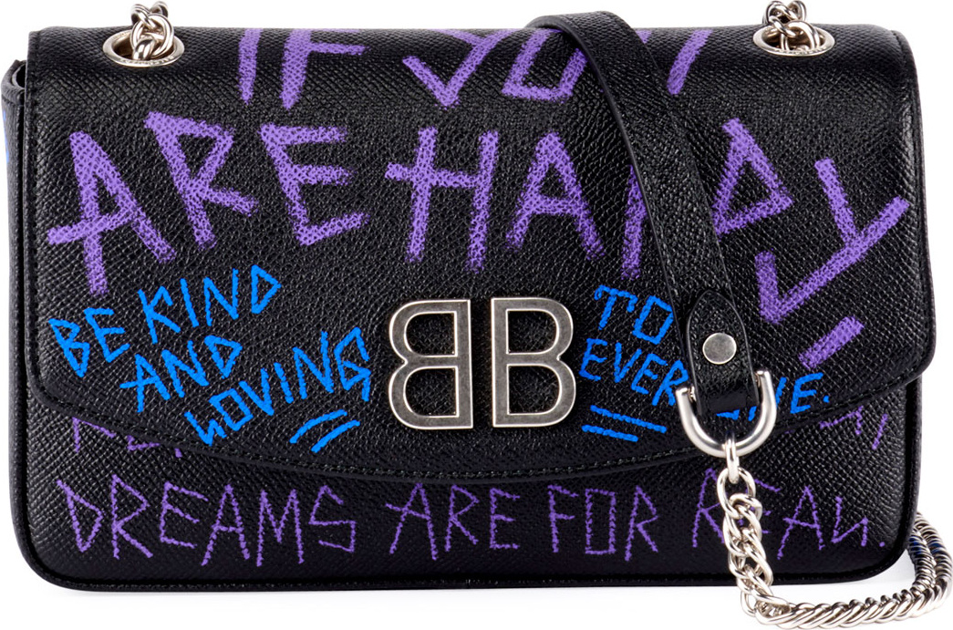 Balenciaga BB 'If you are happy' Graffiti Leather Wallet on Chain