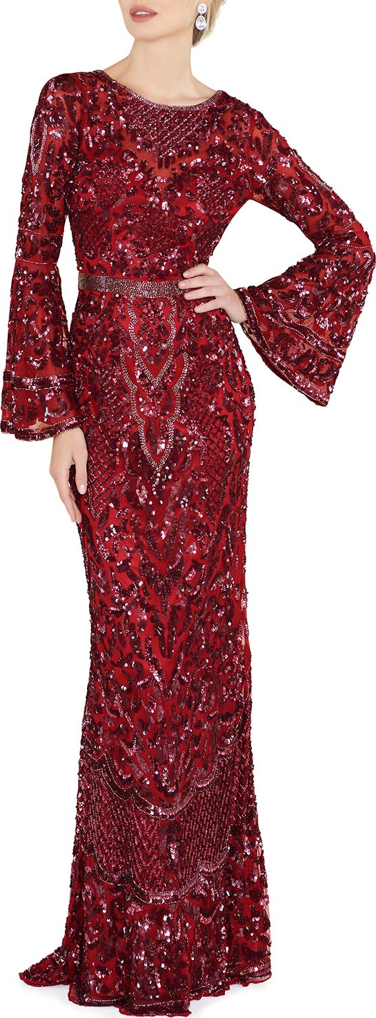 Mac Duggal Sequin Bell-Sleeve Column Gown with Open Back