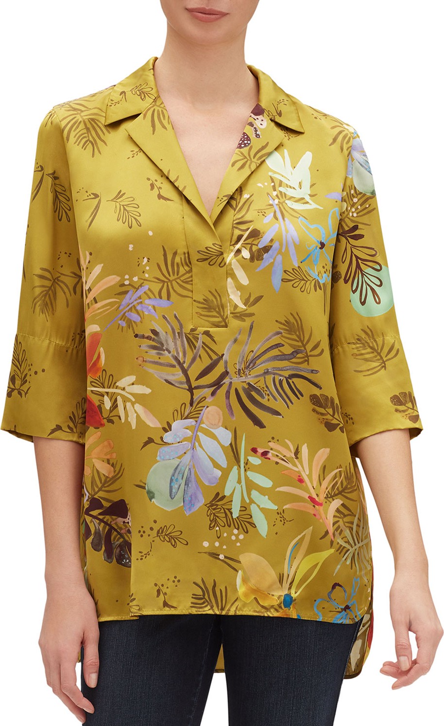 Lafayette 148 New York Bouquet-Print 3/4-Sleeve Drape Cloth Blouse
