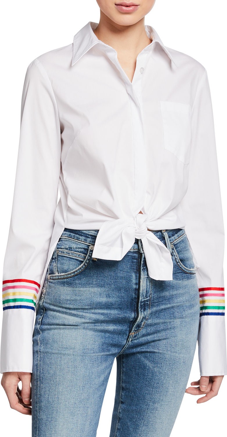 MILLY Button-Down Long-Sleeve Striped-Cuff Shirt