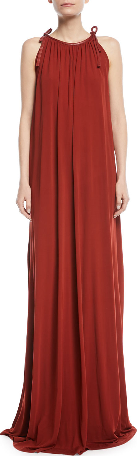 Rosetta Getty Halter Tie-Neck Crepe Jersey Maxi Dress w/ Leather Trim
