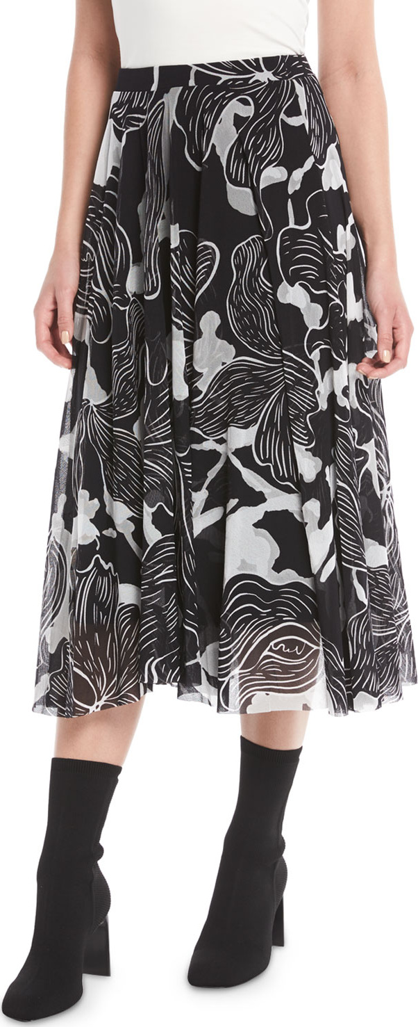 Fuzzi Graphic Floral-Print Tulle A-Line Skirt