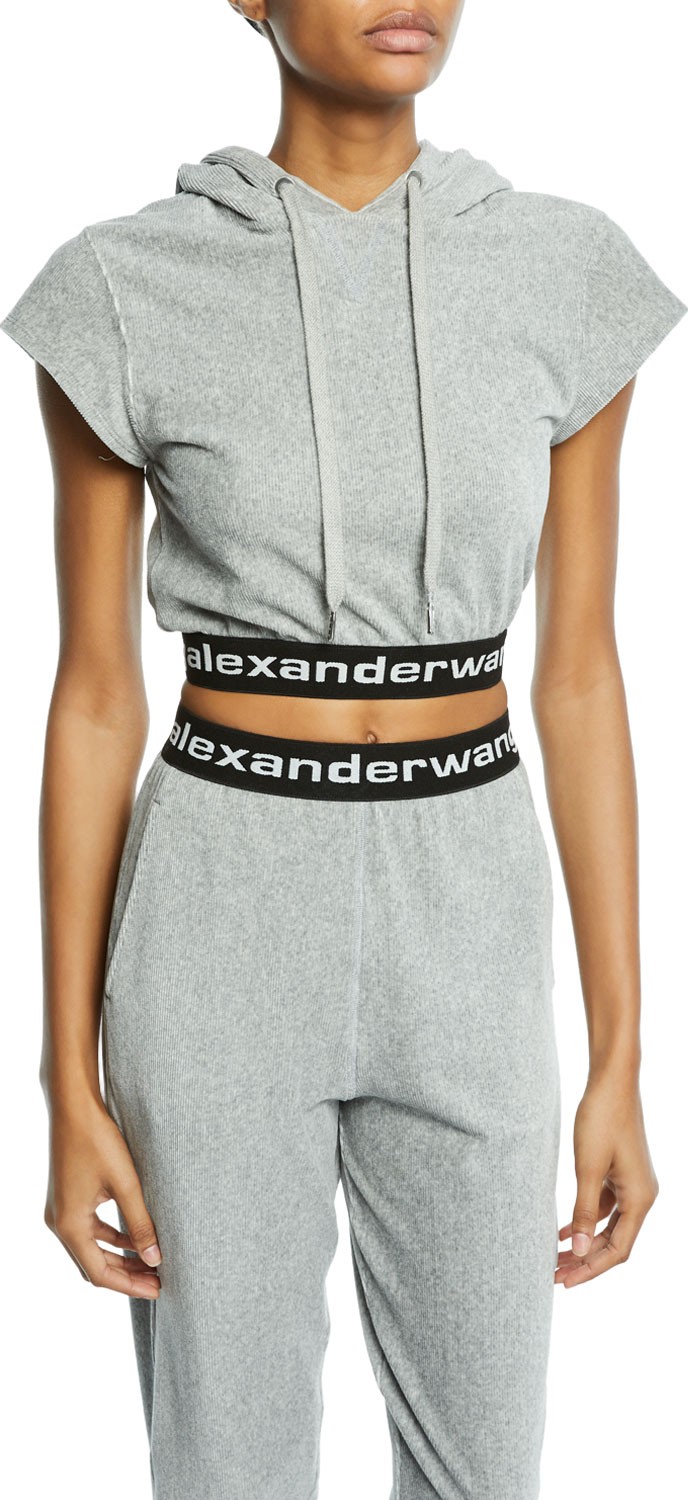 T By Alexander Wang Stretch Corduroy Cap-Sleeve Cropped Hoodie