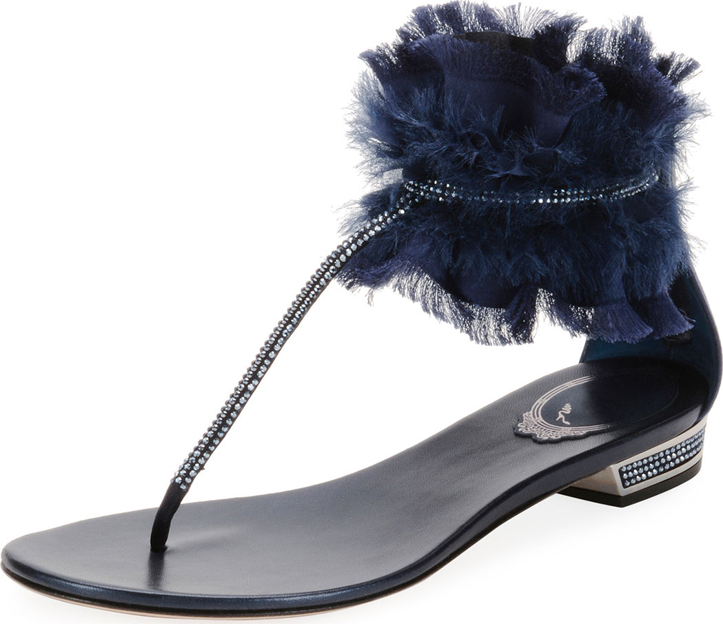 Rene Caovilla Flat Sandal with Satin Ankle Cuff