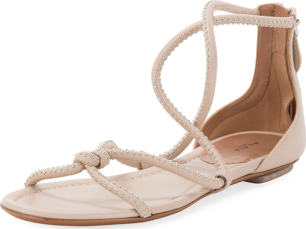 Alaïa Twisted Studded Flat Leather Sandals