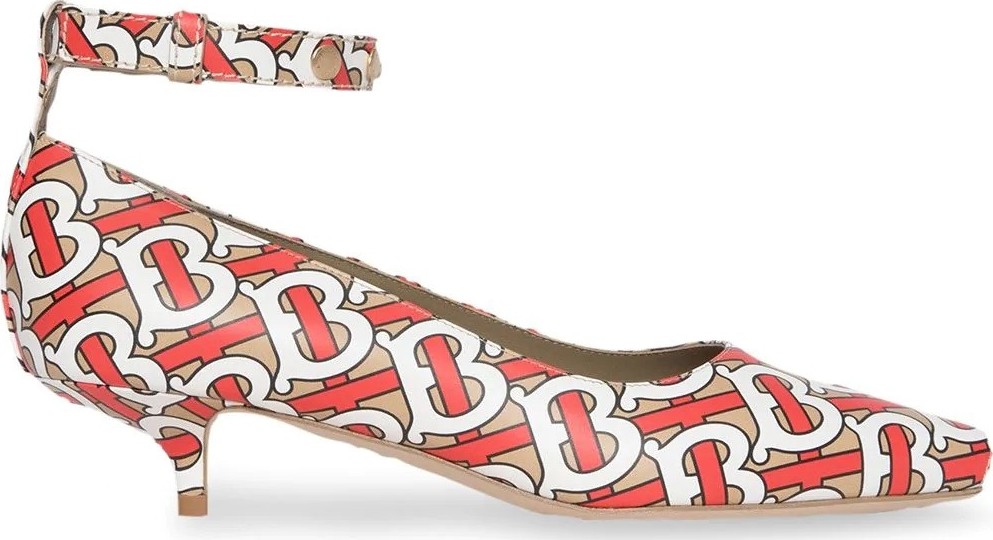 Burberry London England Monogram Print Leather Peep-toe Kitten-heel Pumps Burberry London England Monogram Print Leather Peep-toe Kitten-heel Pumps