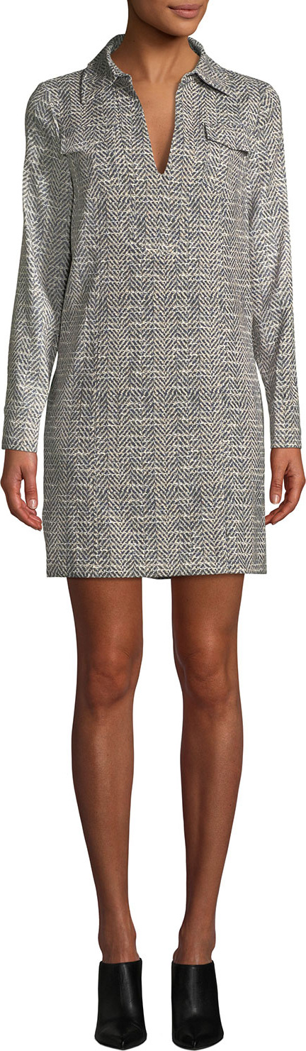 Badgley Mischka Herringbone Long-Sleeve Shirt Dress