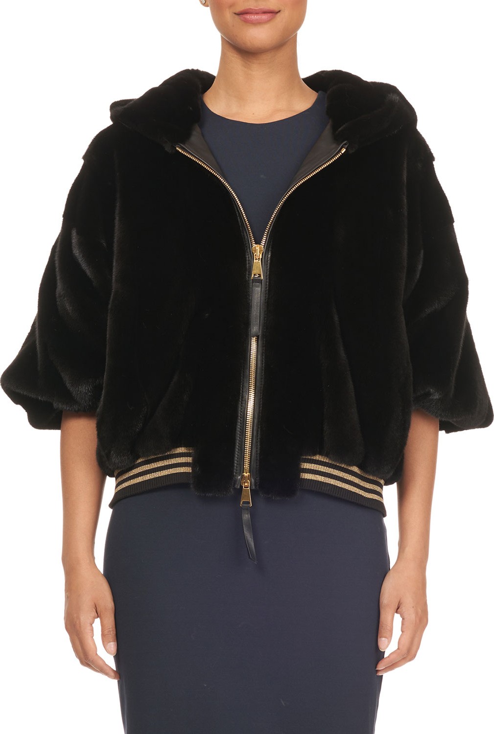 Tsoukas 1/2-Sleeve Hooded Zip-Front Fur Bomber Jacket