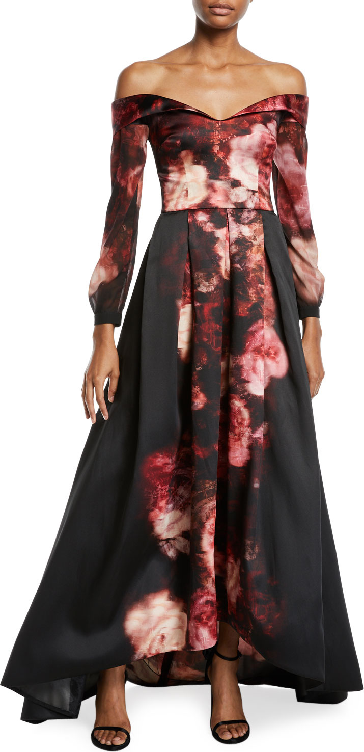 David Meister Off-the-Shoulder Long Rose-Print Gown