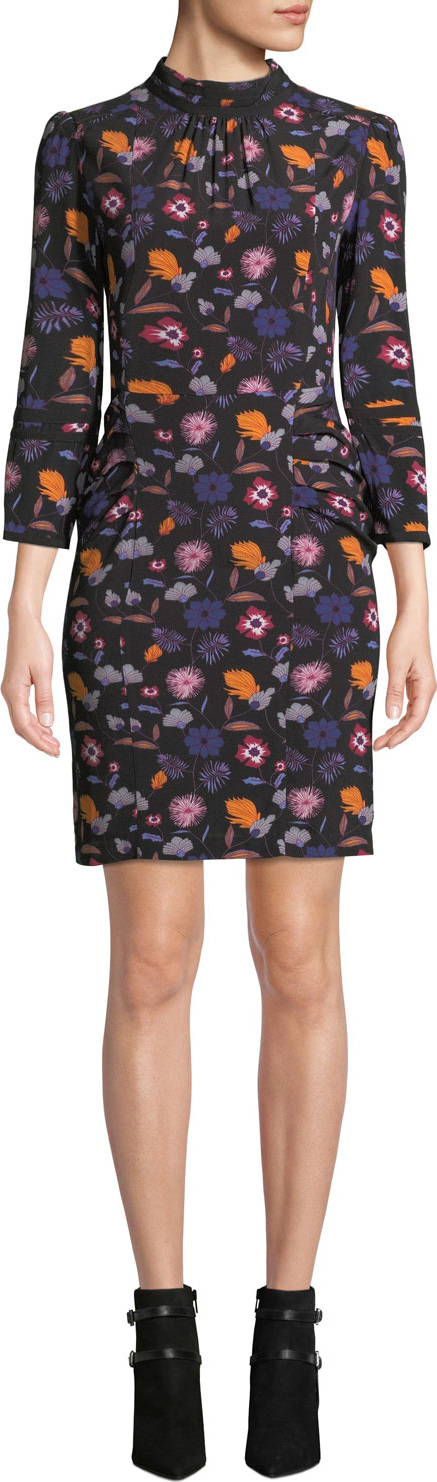 ba&sh Maha Floral High-Neck 3/4-Sleeve Short Dress