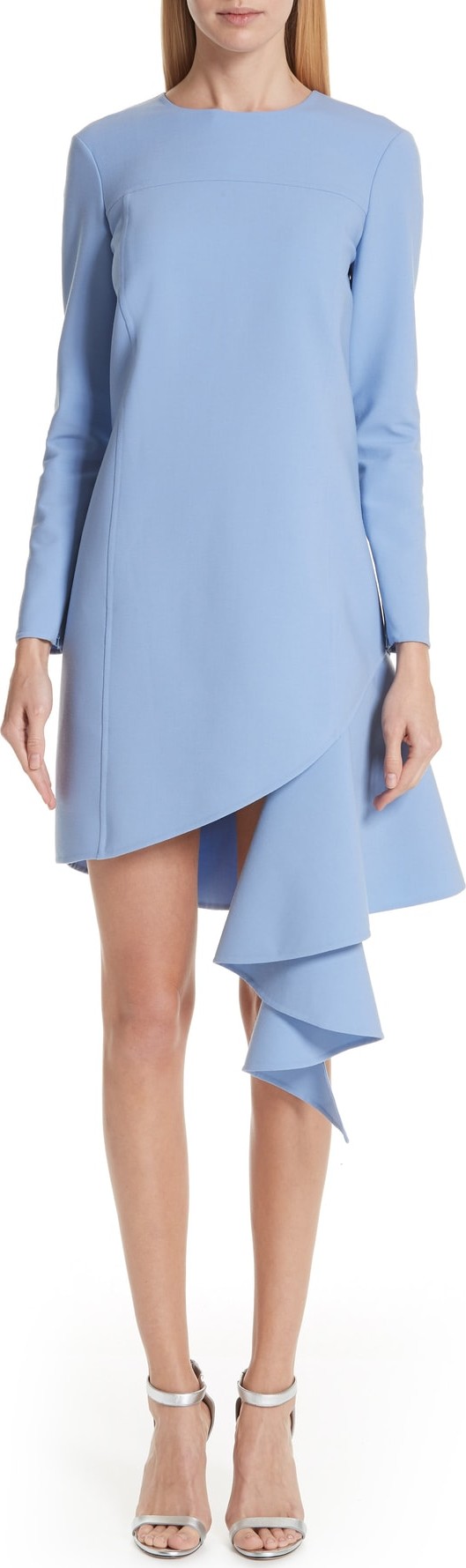 Oscar De La Renta Asymmetrical Ruffle Hem Stretch Wool Dress