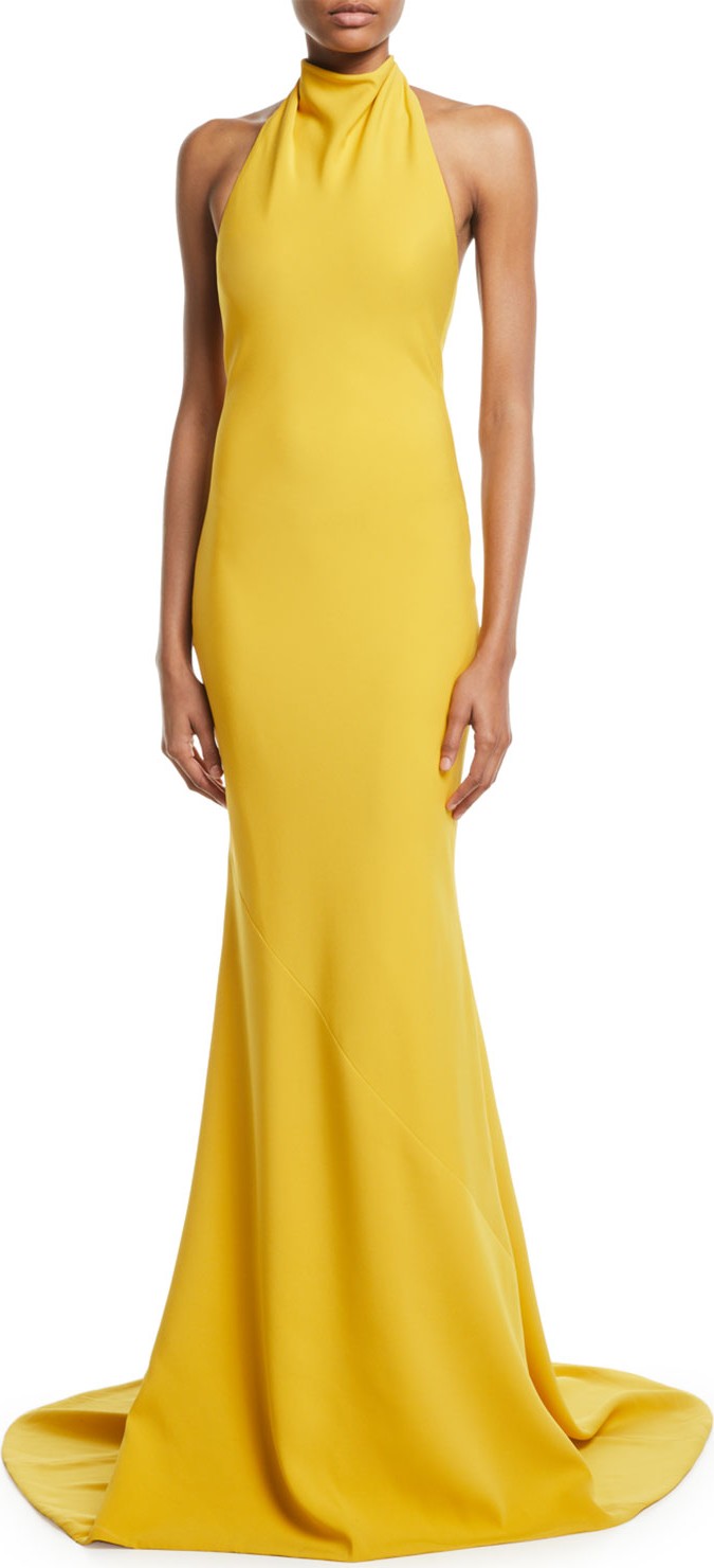 Oscar De La Renta Sleeveless Halter-Neck Ruffled-Back Gown