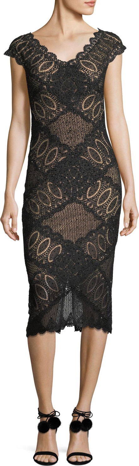 Jovani Short-Sleeve V-Neck Geometric Lace Cocktail Dress