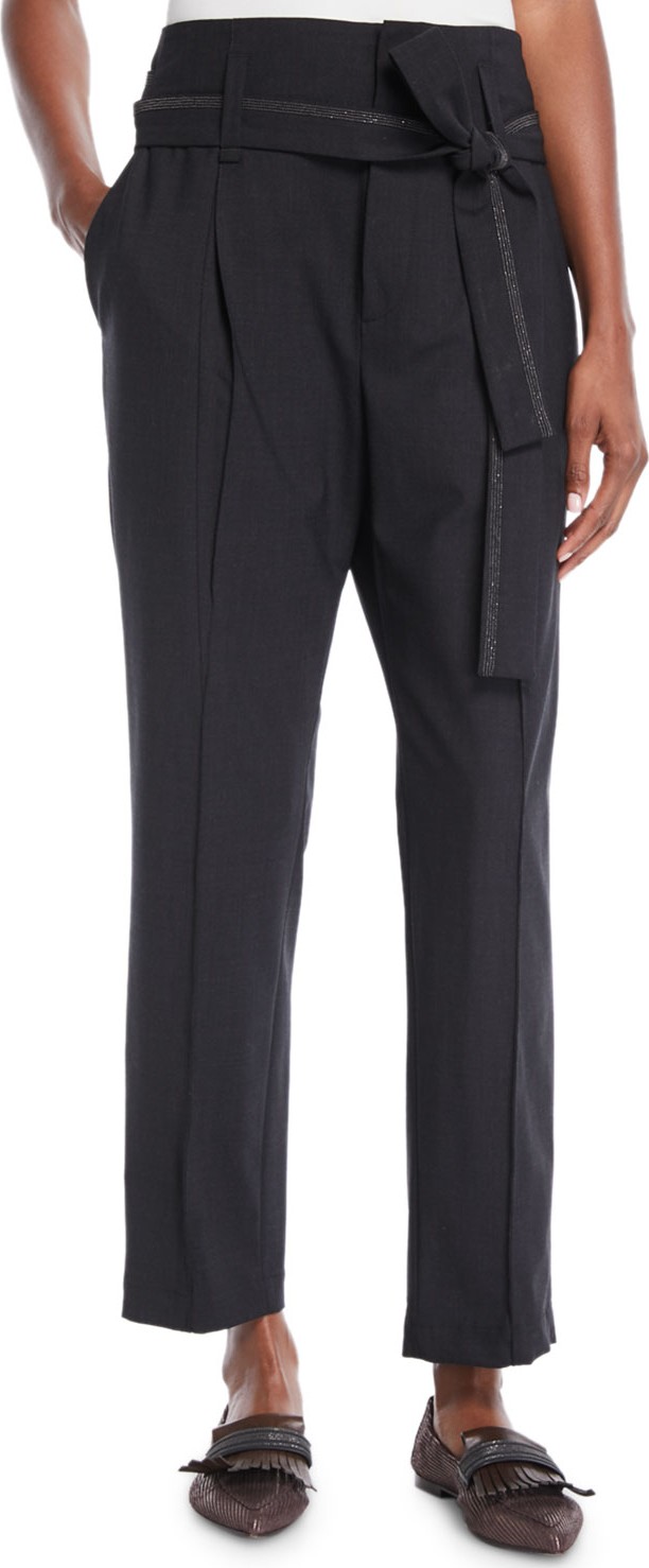 Brunello Cucinelli Paperbag-Waist Lightweight-Wool Straight-Leg Pants w/ Wrap Self Belt
