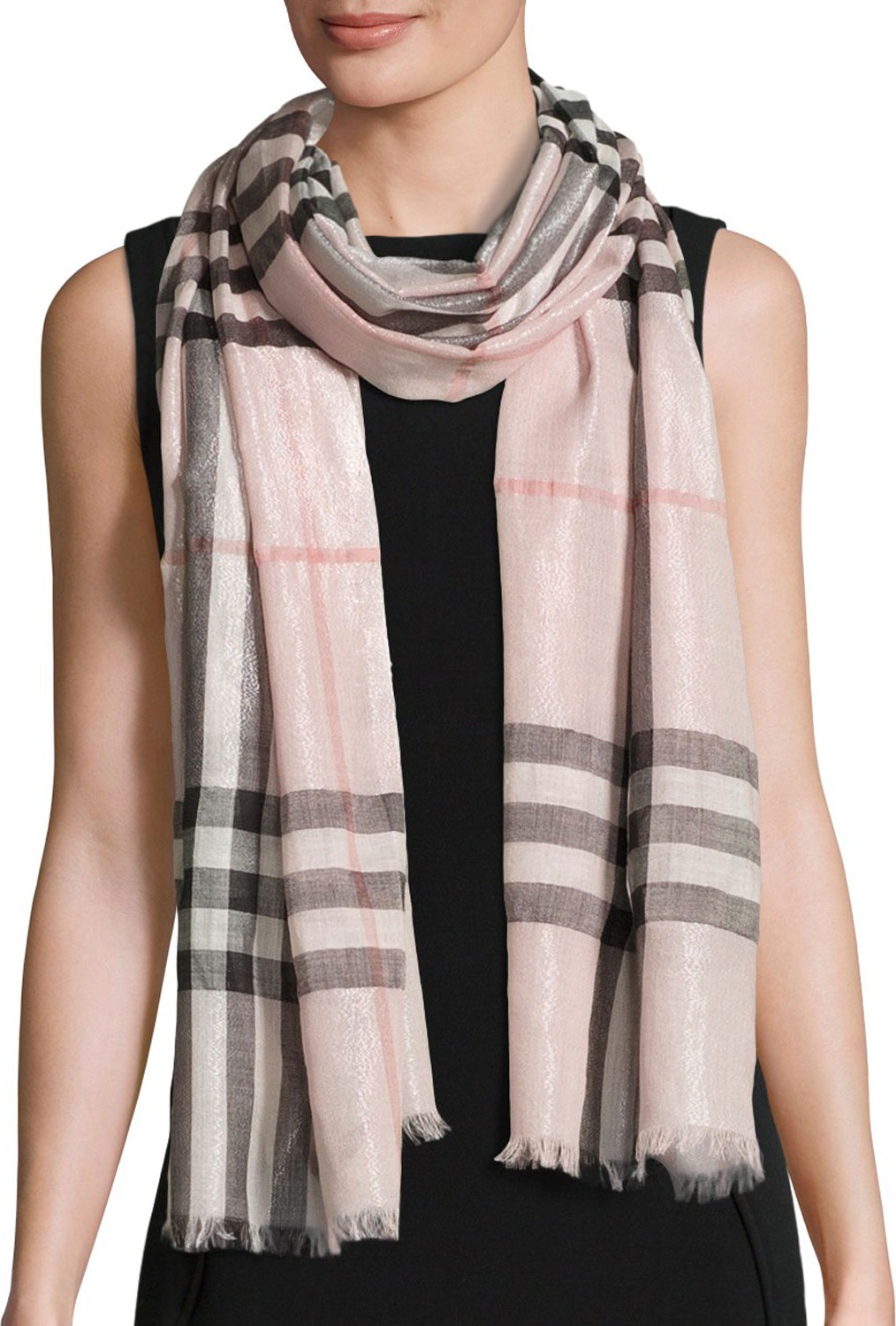 Burberry London England Metallic Gauze Giant Check Scarf, Rose