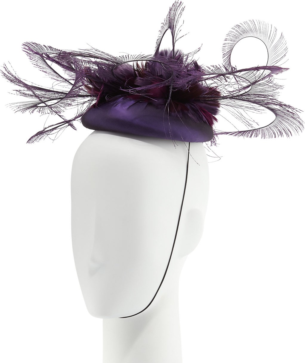 Rachel Trevor Morgan Silk Taffeta Feather Curl Pillbox Hat, Purple