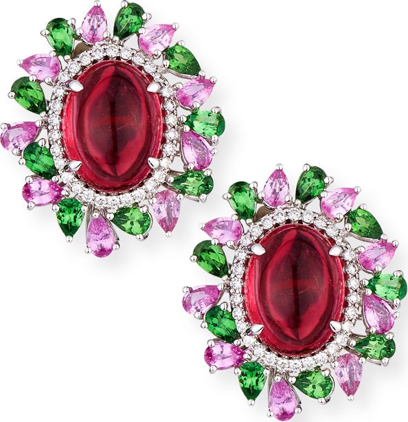 Alexander Laut Rubellite Cabochon Earrings with Diamonds, Pink Sapphire & Tourmaline