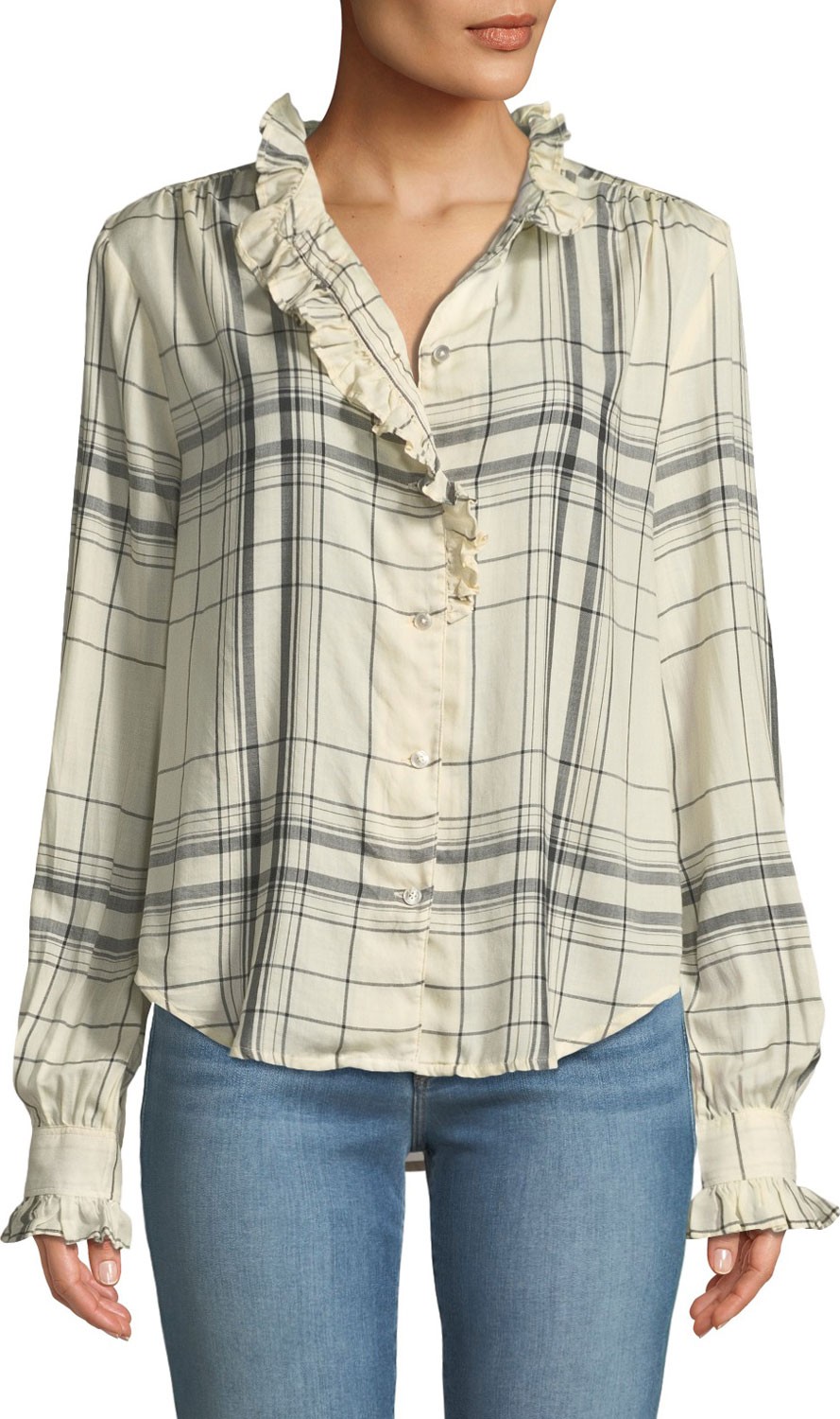 FRAME DENIM Ruffled Button-Front Long-Sleeve Plaid Shirt