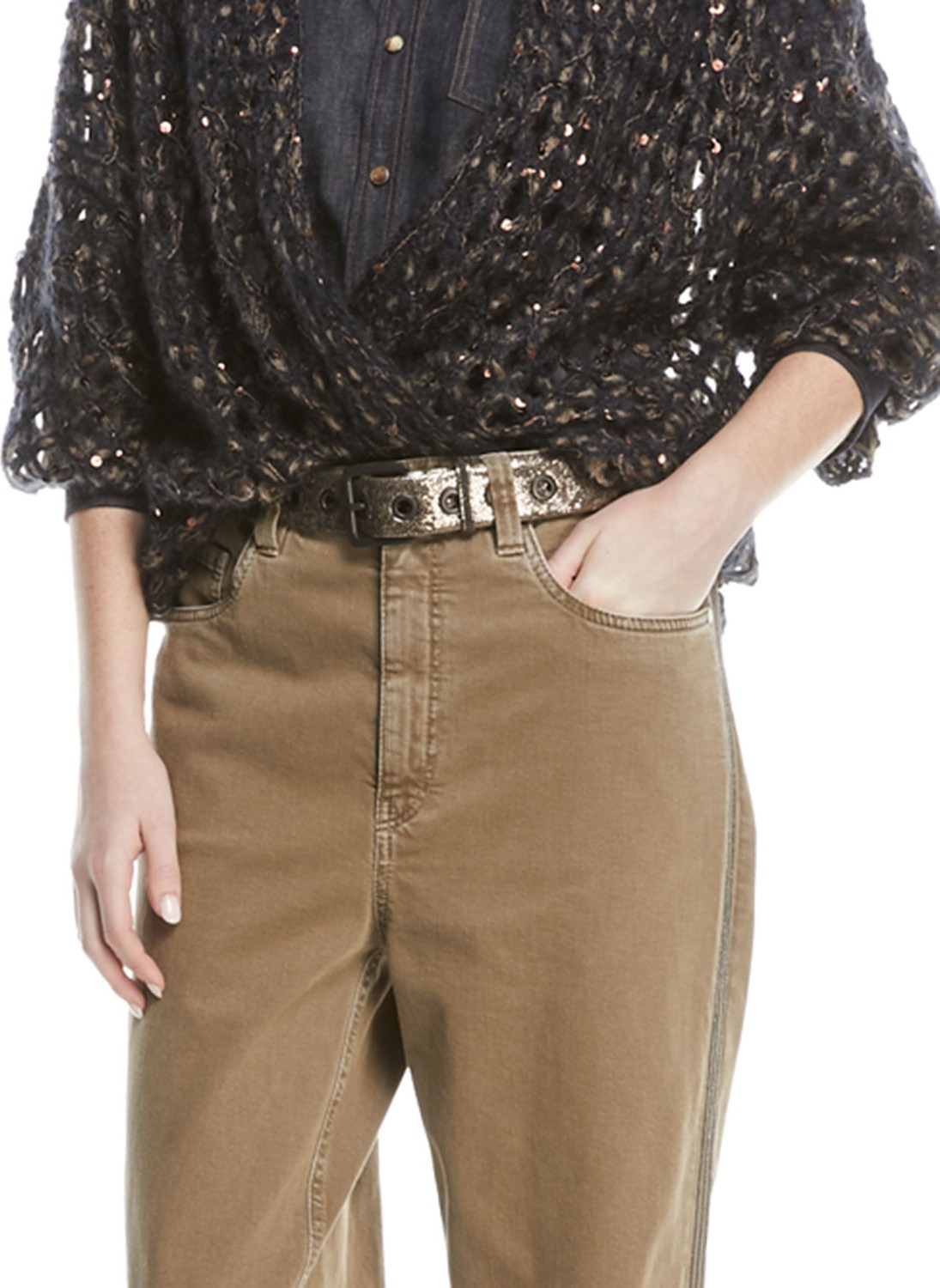 Brunello Cucinelli Crackled Leather Grommet Belt