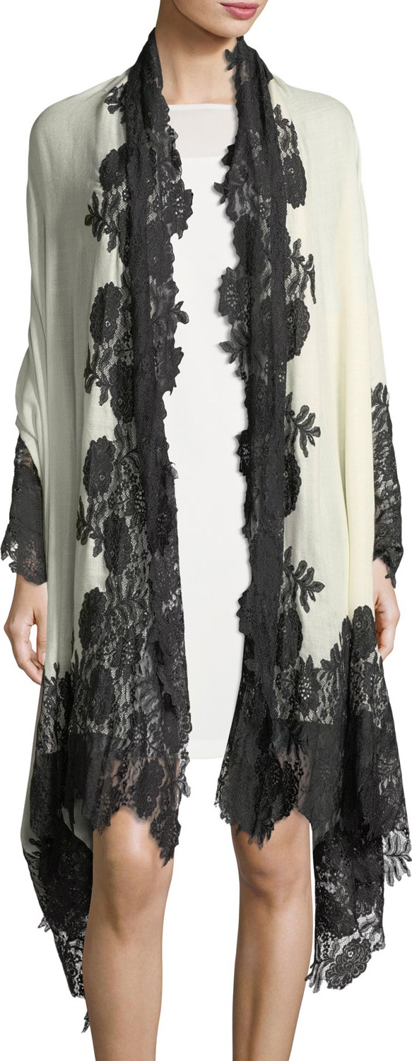 Bindya Cashmere Evening Stole Wrap w/ Lace Trim