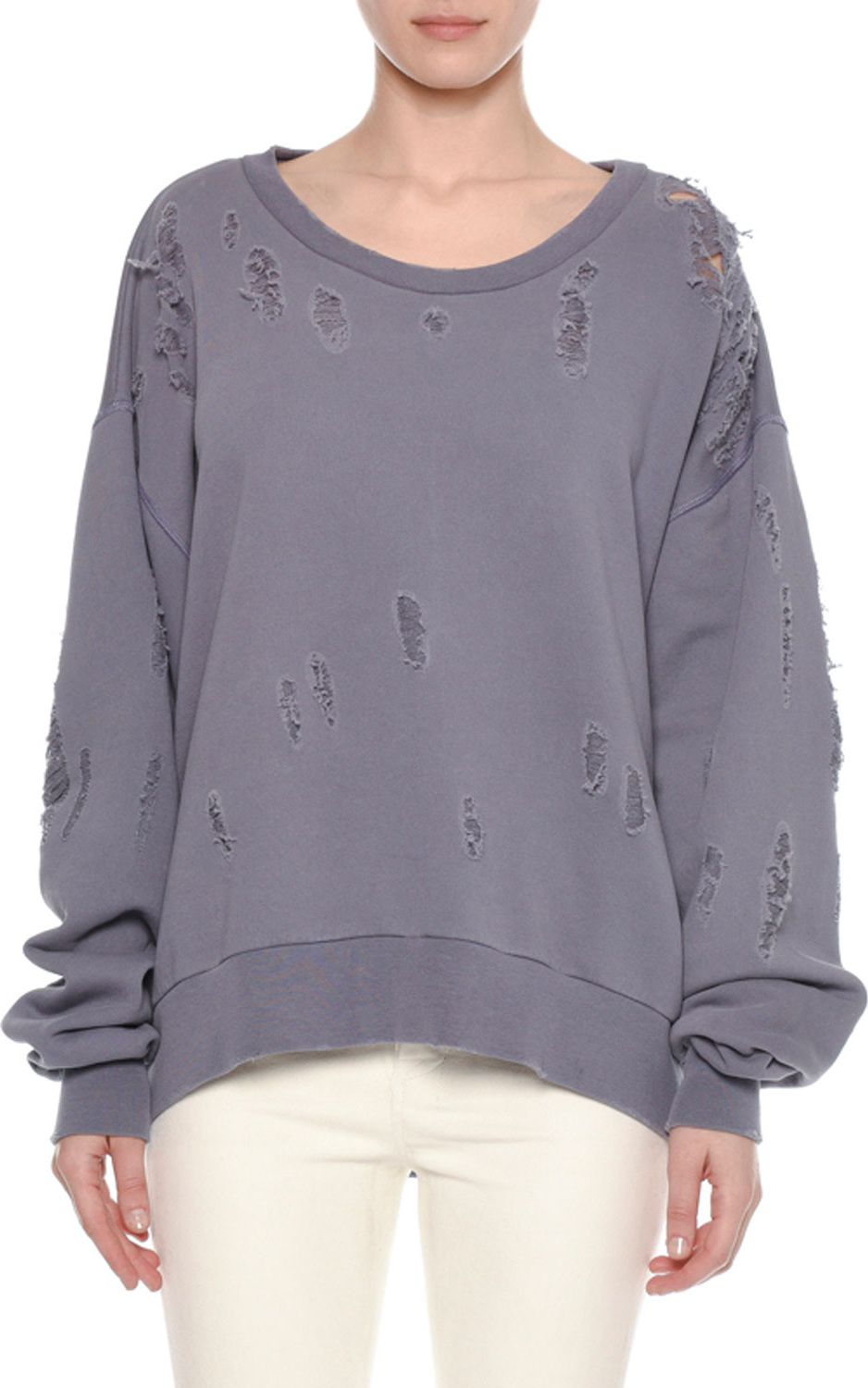 Unravel Round-Neck Long-Sleeve Distressed Brushed Cotton Sweatshirt