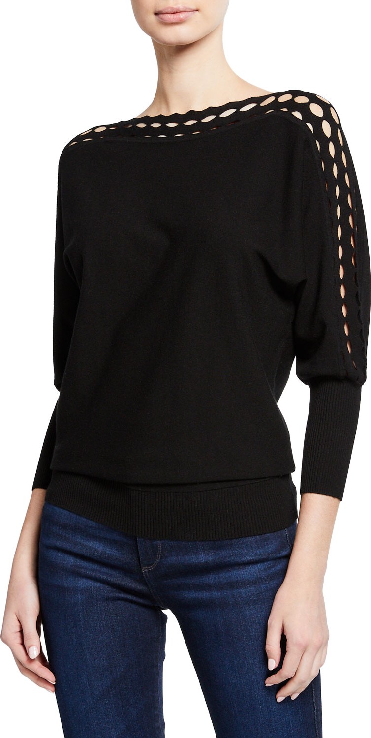 MILLY Diamond-Cut High-Neck 3/4-Sleeve Top