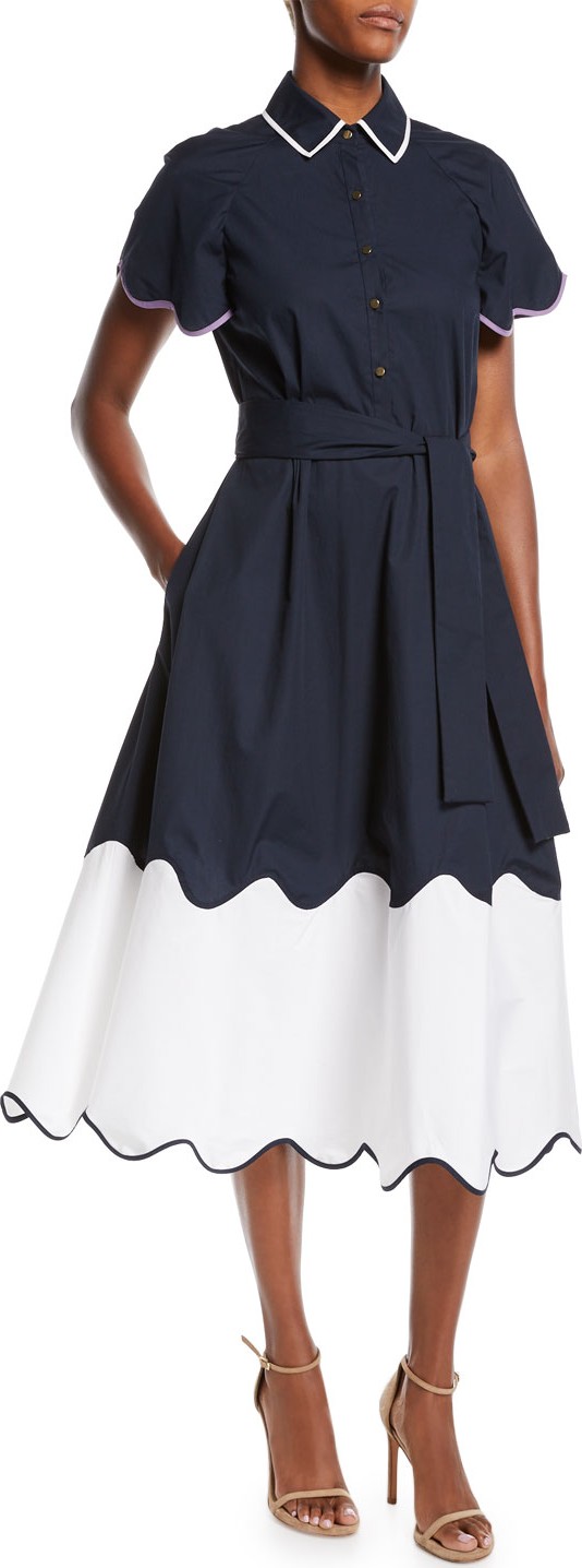 Lela Rose Wave-Print Short-Sleeve Collared Cotton Midi Shirtdress