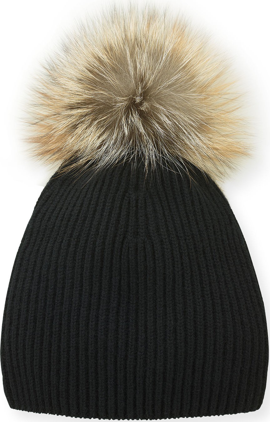 Lafayette 148 New York Cashmere Rib Knit Beanie Hater with Fur Pompom