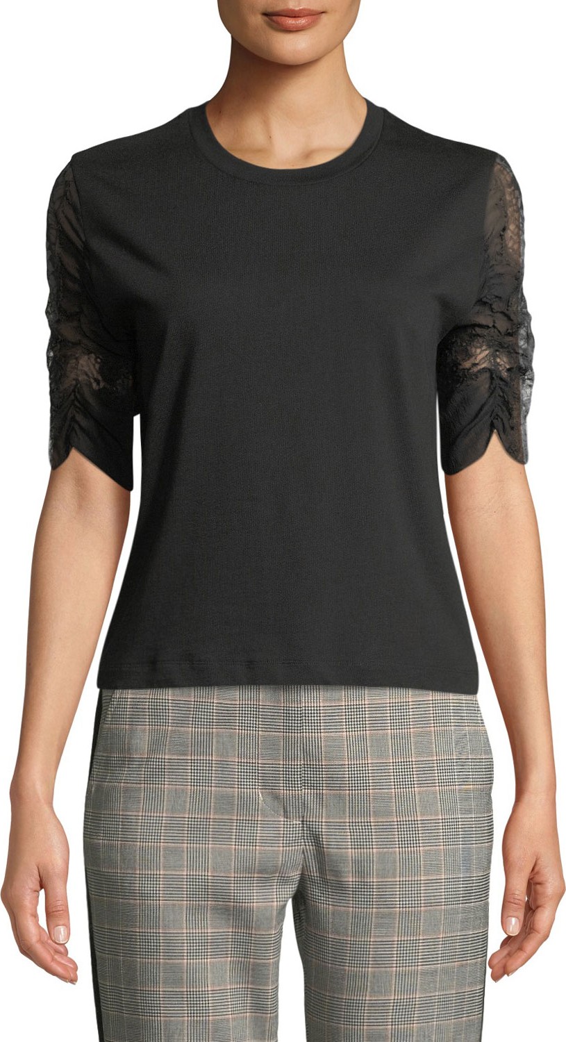 3.1 Phillip Lim Crewneck Cotton Tee with Lace Sleeves
