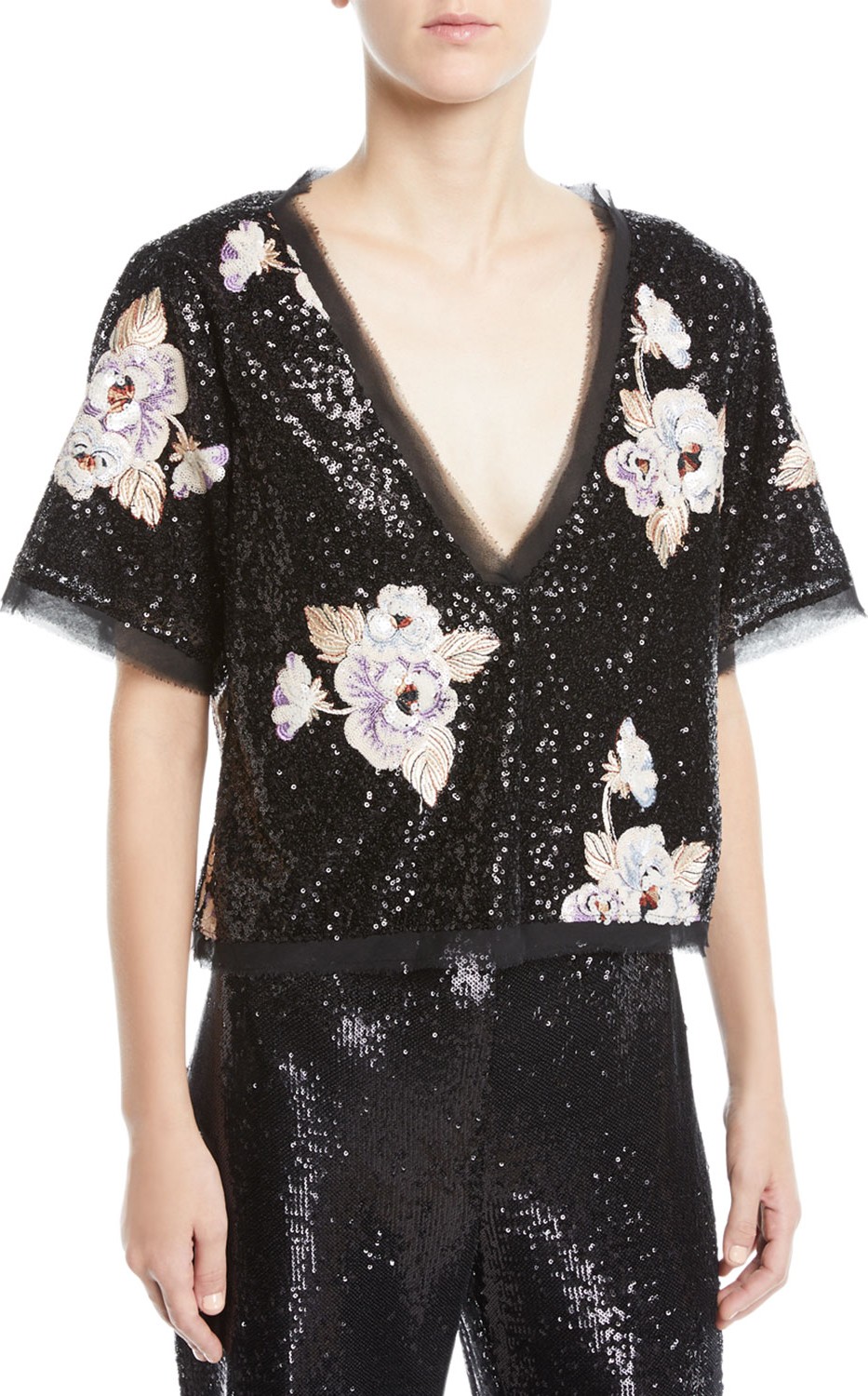Nanette Lepore Sequin Daffodil Flower Top