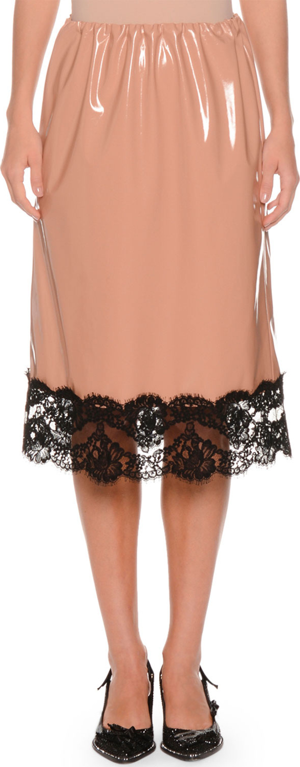 Nº21 Patent Faux-Leather A-Line Skirt w/ Lace Trim