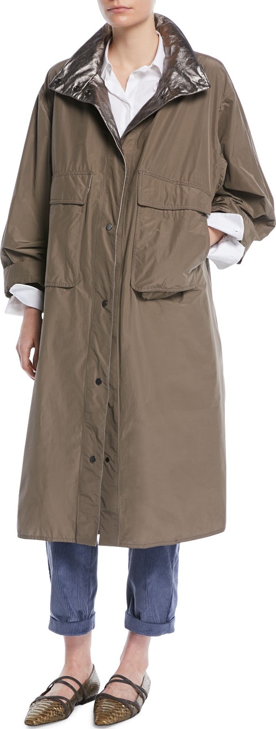 Brunello Cucinelli Taffeta Trench Coat w/ Metallic Inner Trim