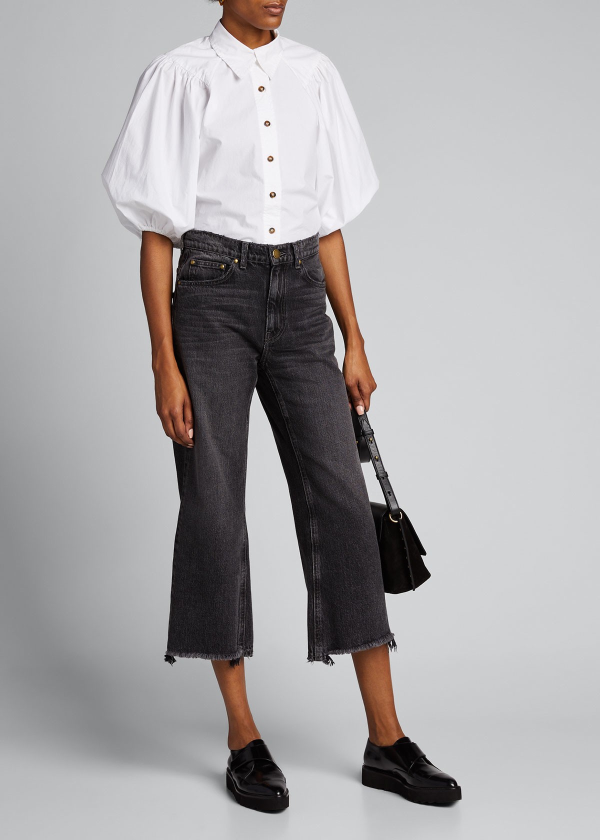 Ganni Puff-Sleeve Poplin Button-Down Top