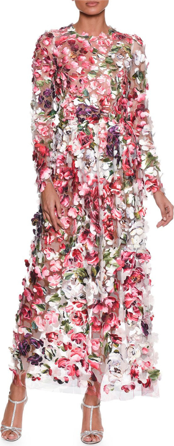 Dolce & Gabbana Long-Sleeve Embroidered Rose Peony Petals on Chiffon Gown