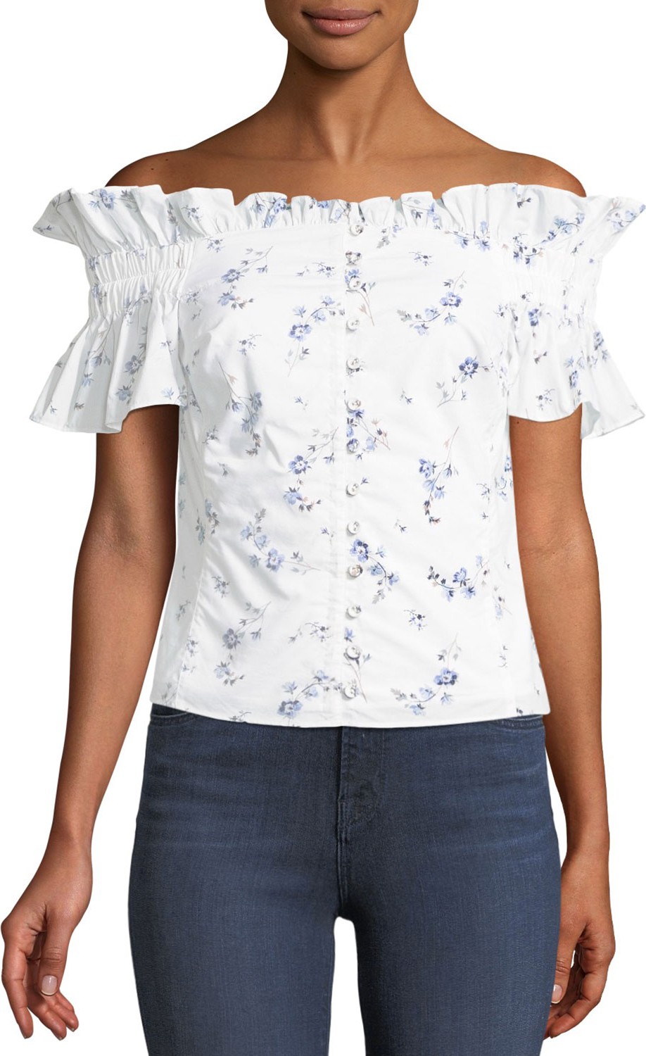 Rebecca Taylor Francine Floral Off-the-Shoulder Button-Front Top