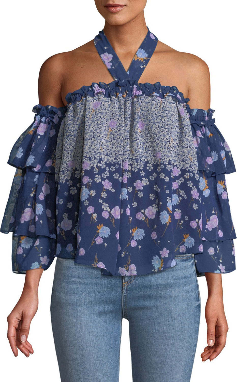 MISA Los Angeles Penille Floral Ruffle Halter Top