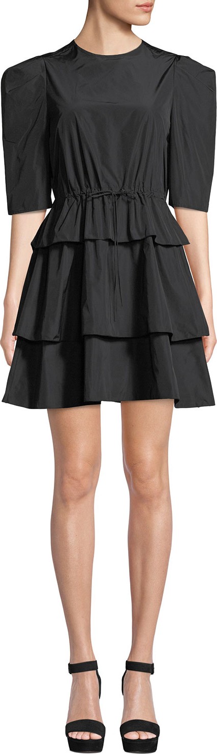 See By Chloé Strong-Shoulder Tiered Tie-Waist Mini Dress