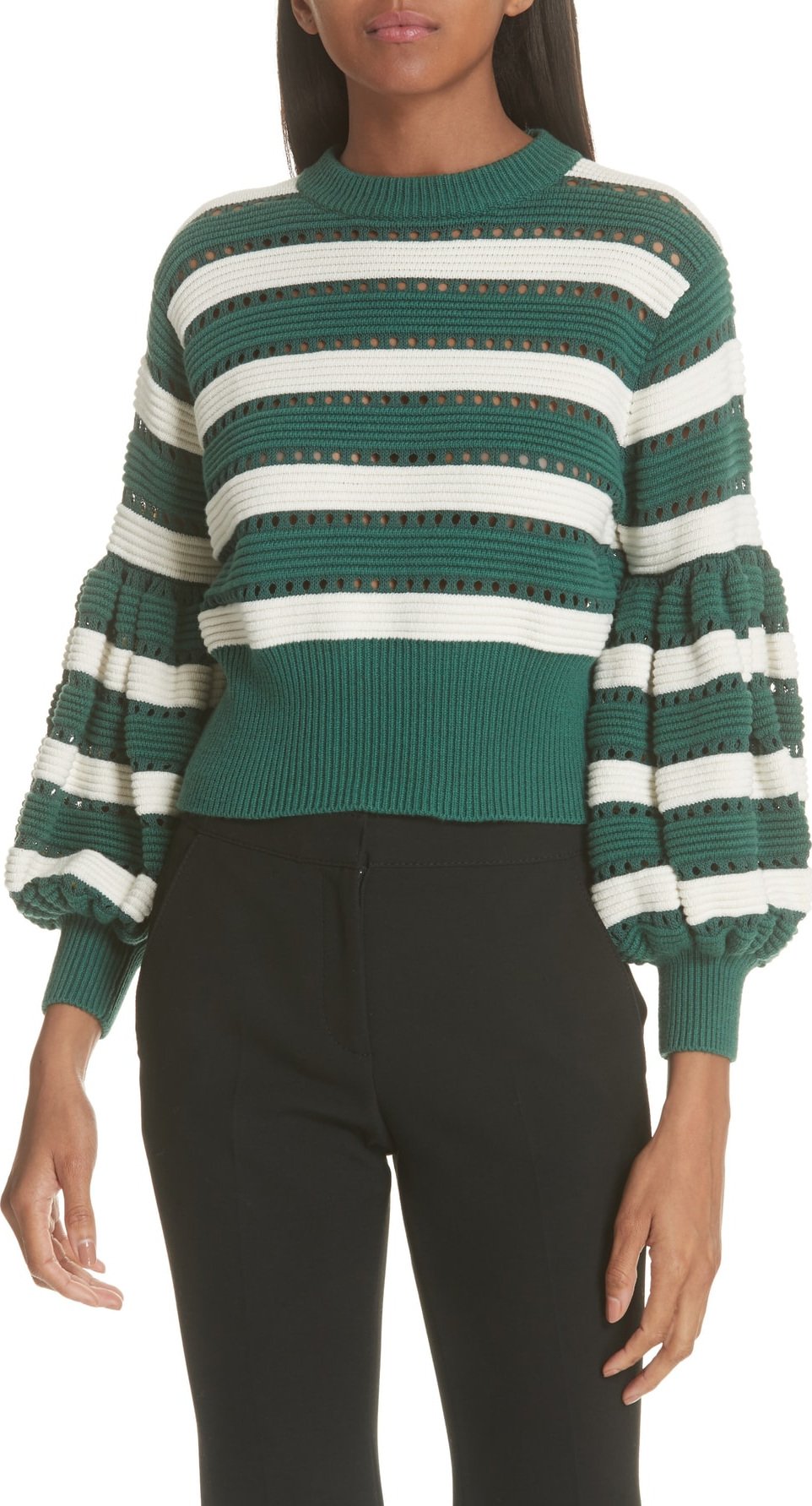 Self Portrait Puff Sleeve Cotton & Wool Crop Sweater