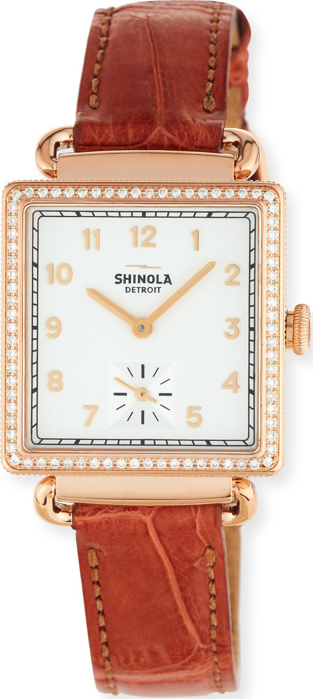 Shinola The Cass 28mm Alligator Strap Watch with Diamonds, Terra Cotta