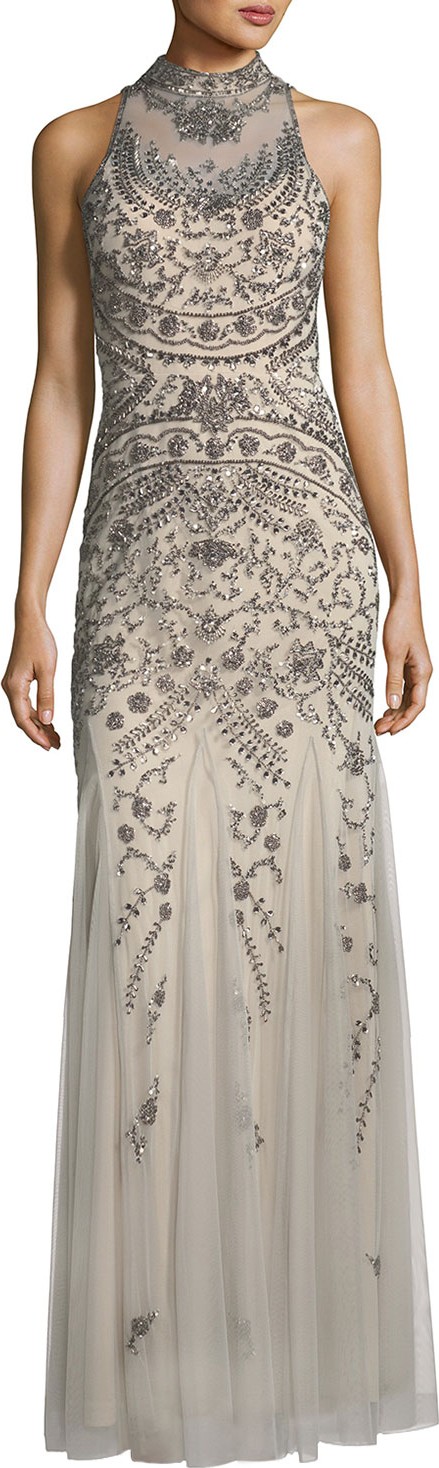 Aidan Mattox Embellished Mock-Neck Open-Back Gown