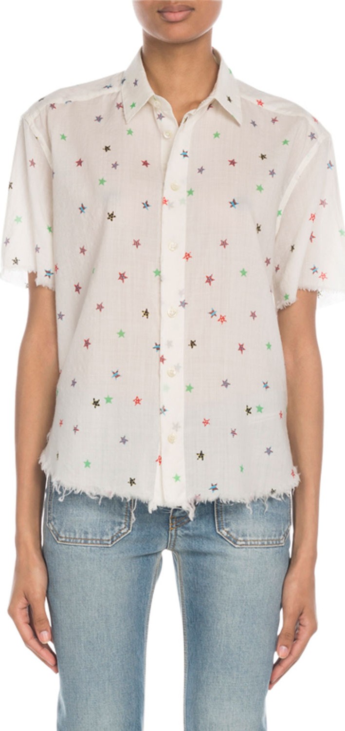 Saint Laurent Short-Sleeve Raw-Hem Star Print Blouse