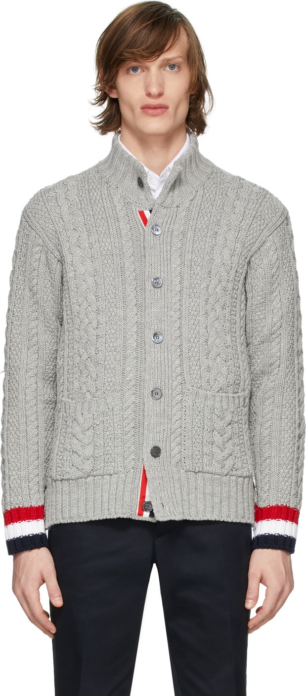 Thom Browne Grey Aran Mock Neck Cardigan