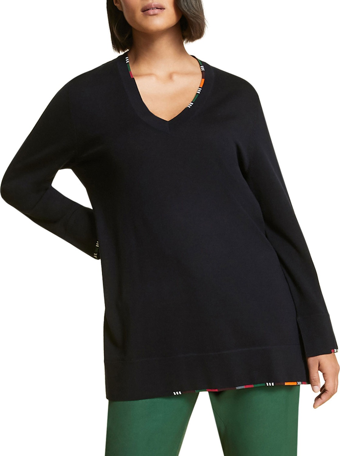 Marina Rinaldi Ali V-Neck Long-Sleeve Wool Sweater w/ Striped Trim