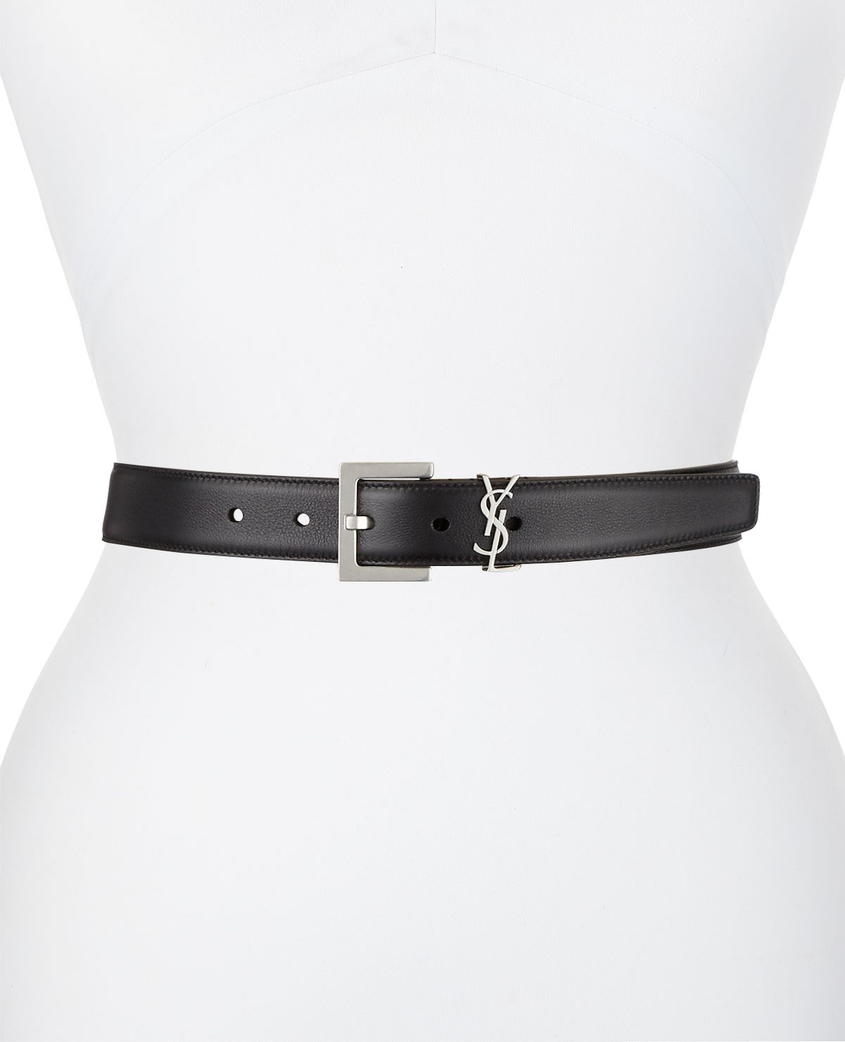 Saint Laurent Silvertone YSL Monogram Leather Belt