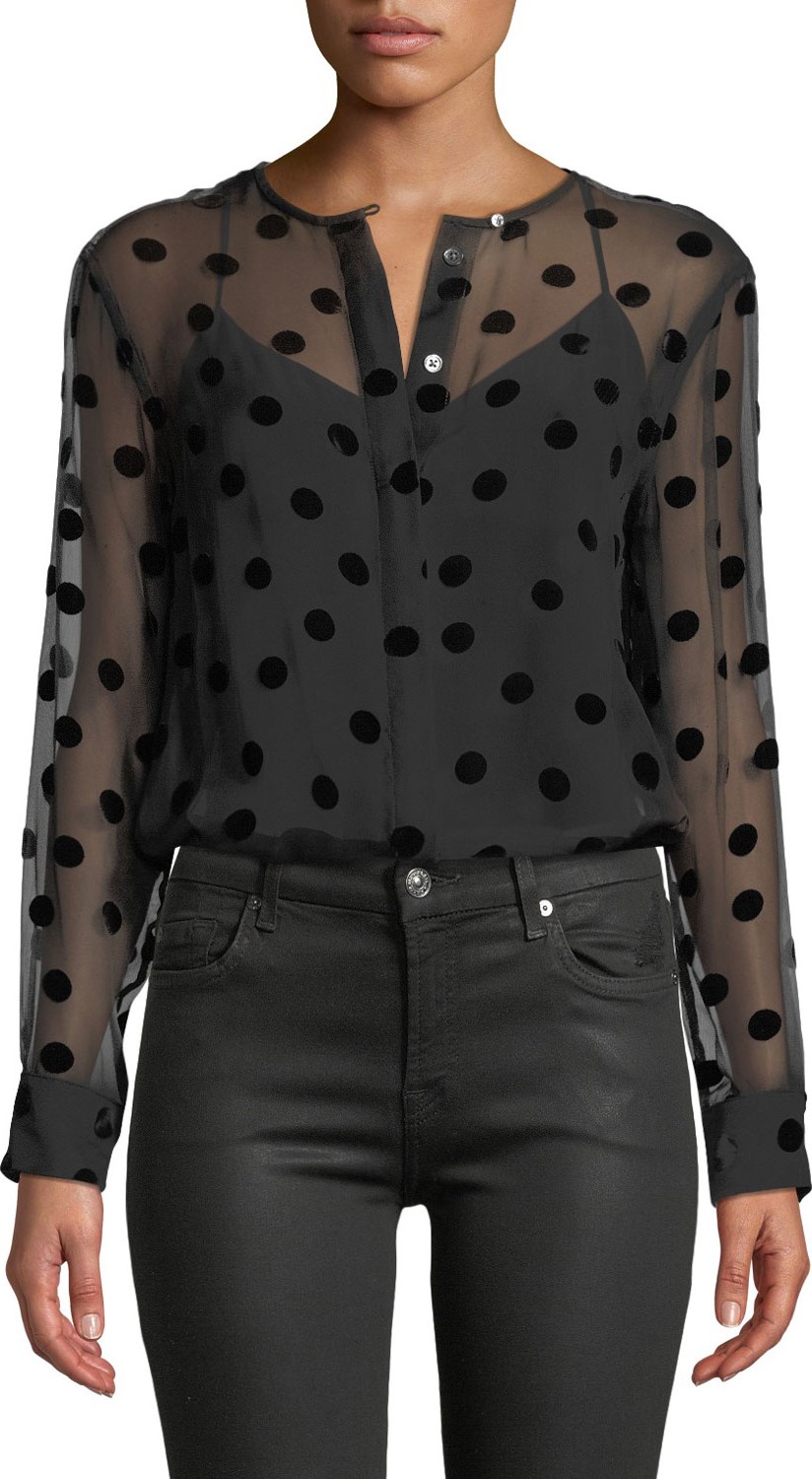 Equipment Simon Button-Front Long-Sleeve Velvet-Dotted Blouse