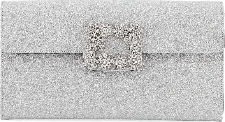 Roger Vivier Floral Crystal-Buckle Glitter Fabric Envelope Clutch Bag