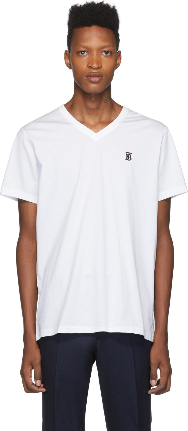 Burberry London England White Monogram Marlet V-Neck T-Shirt