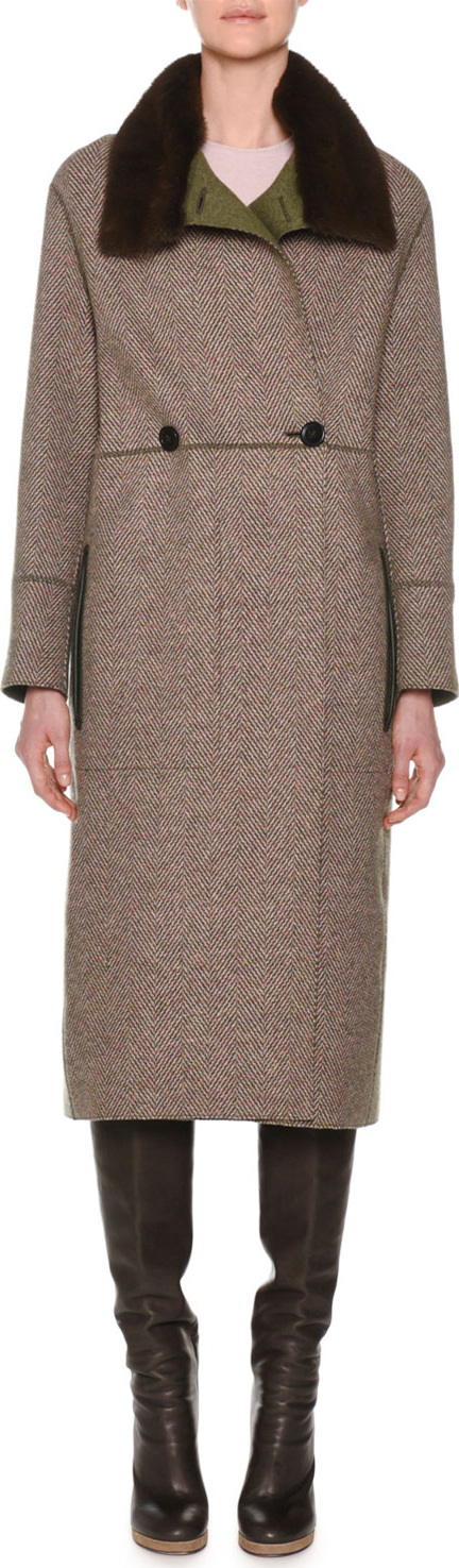 Agnona Double-Breasted Herringbone Cashmere Military Coat with Fur Collar